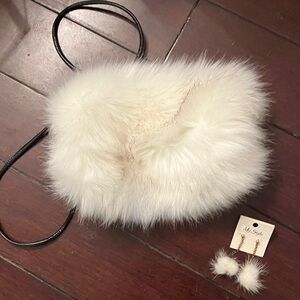 Faux Fur White Crossbody Bag with Earrings